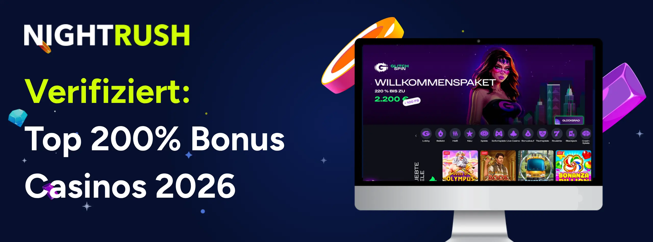 Nightrush Banner mit dem Text: Verifizierte Top 200% Bonus Casinos 2026