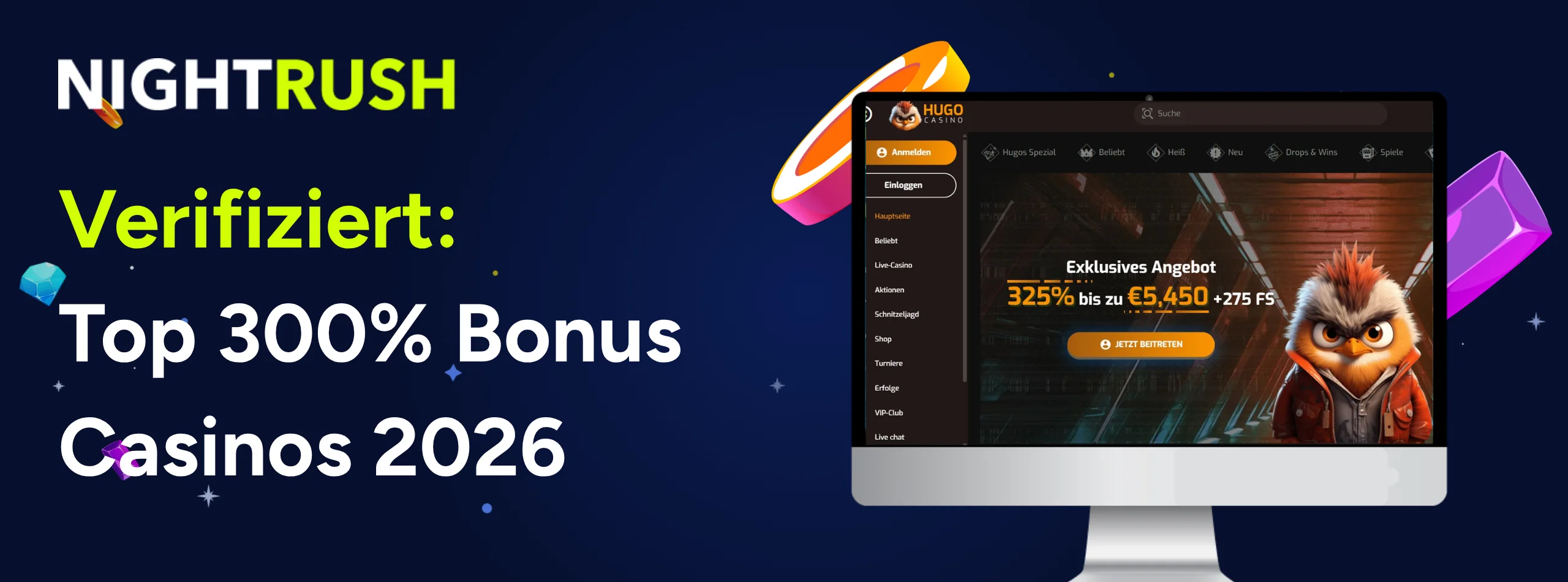 Nightrush Banner mit dem Text: Verifiziert: Top 300% Bonus Casinos 2026