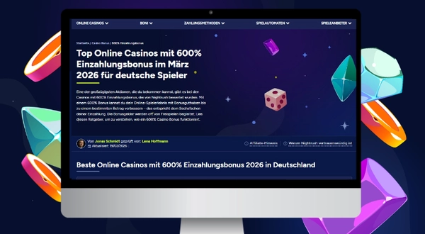 Auf dem Laptop ist die Nightrush-Webseite mit der 600 % Einzahlungsbonus-Seite zu sehen.