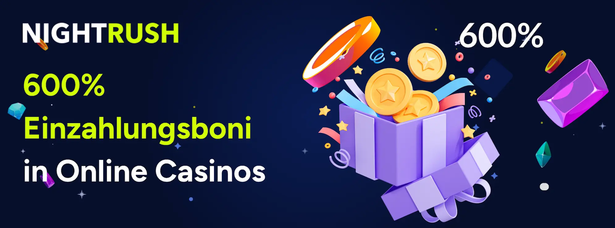 Nightrush Banner mit dem Text: 600% Einzahlungsboni in Online Casinos