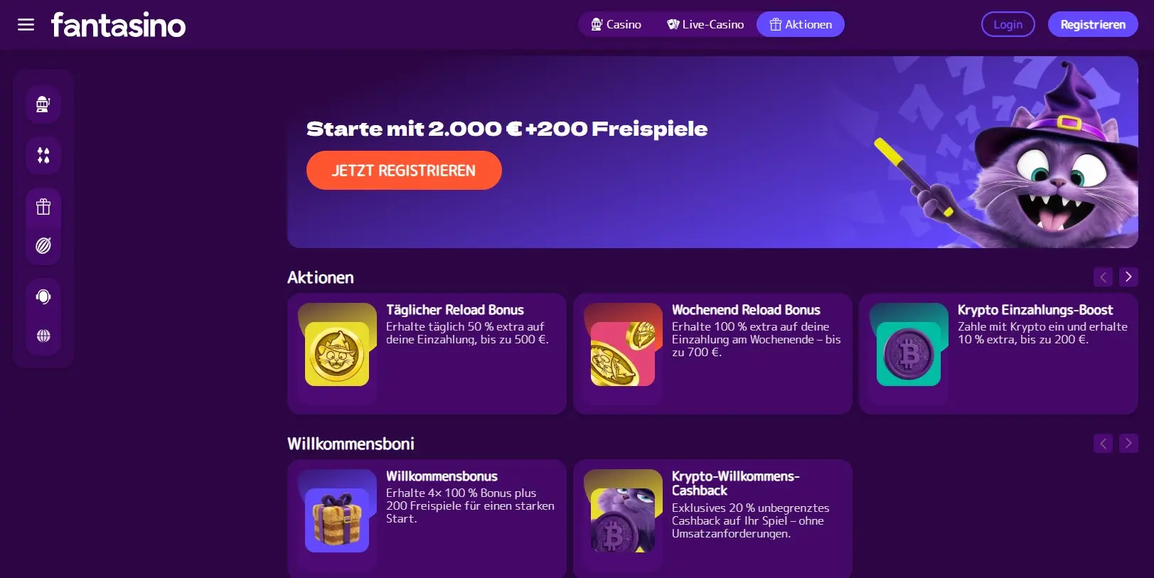 Screenshot der Fantasino Aktionen-Seite