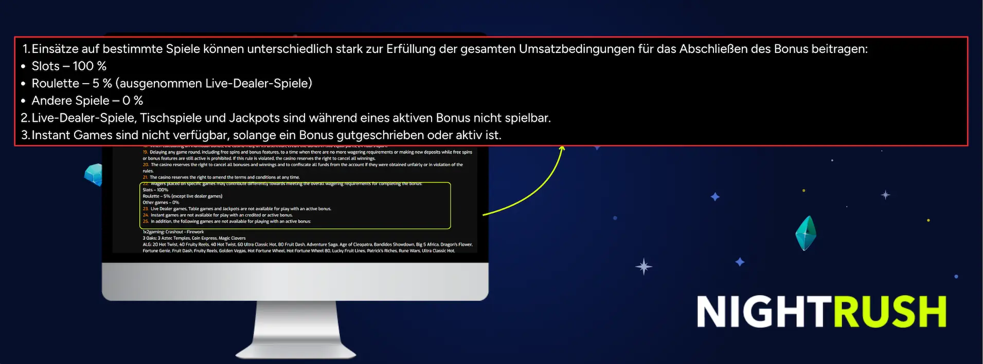 Auszug aus den AGB mit Einsätzbedingungen auf bestimmte Casino Spiele