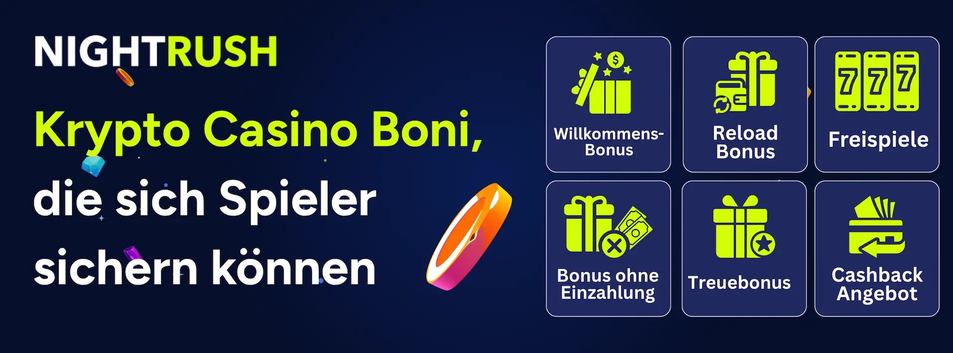 Nightrush Banner mit dem Text: Krypto Casino Boni, die sich Spieler sichern können
