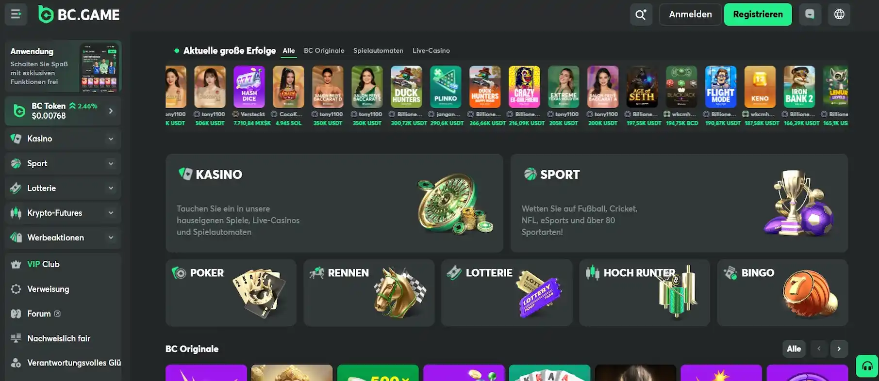 Screenshot der BC Game Homepage