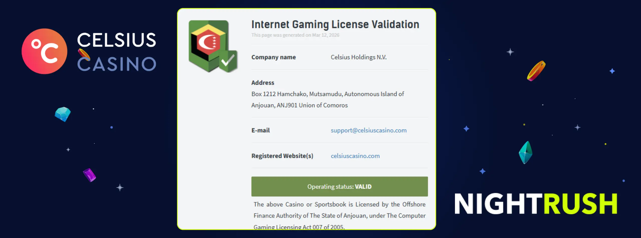 Celsius Casino Internet-Glücksspiellizenz-Validierung mit dem Status GÜLTIG.