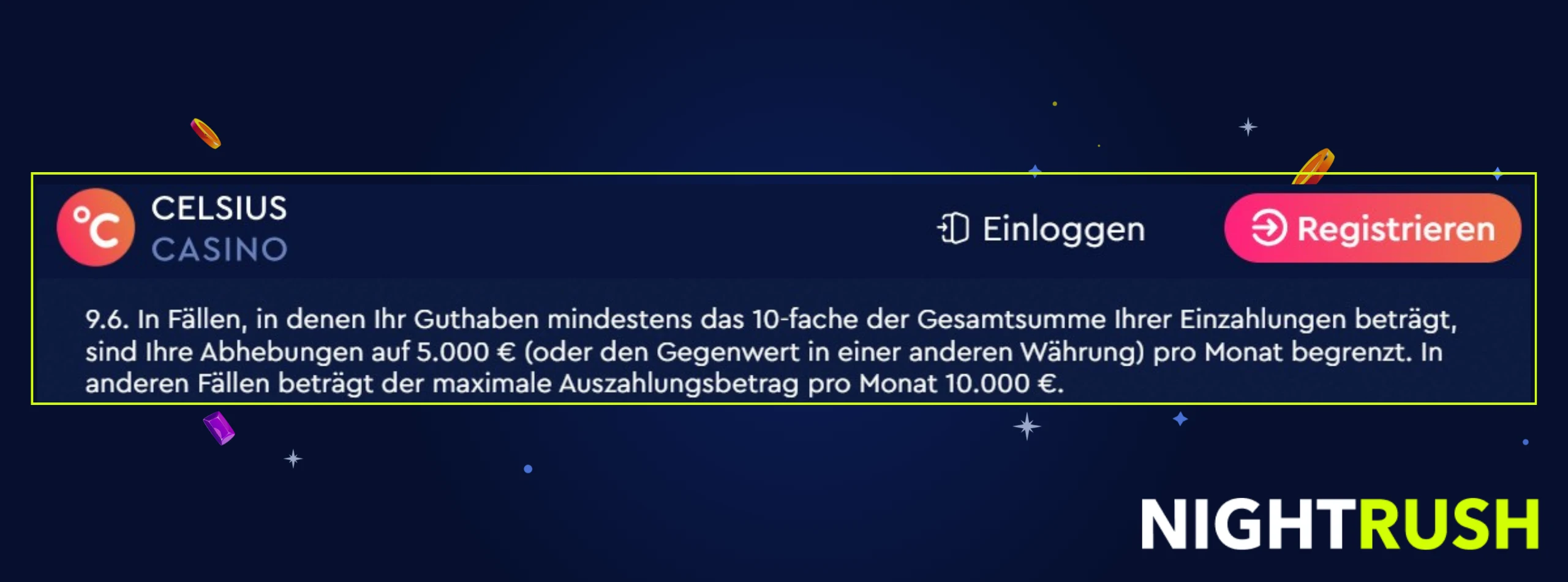 Eine Infobox zeigt Abschnitt 9.6 bei Celsius Casino