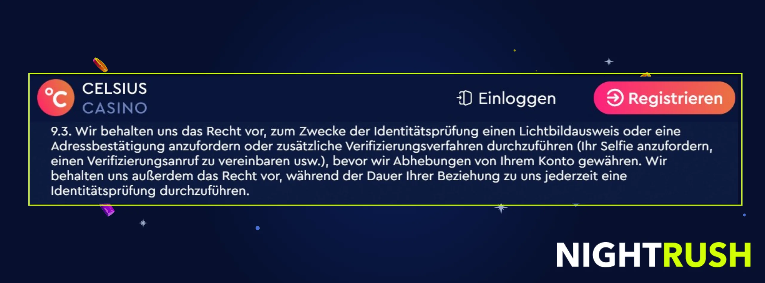 Eine Infobox zeigt Abschnitt 9.3 bei Celsius Casino.