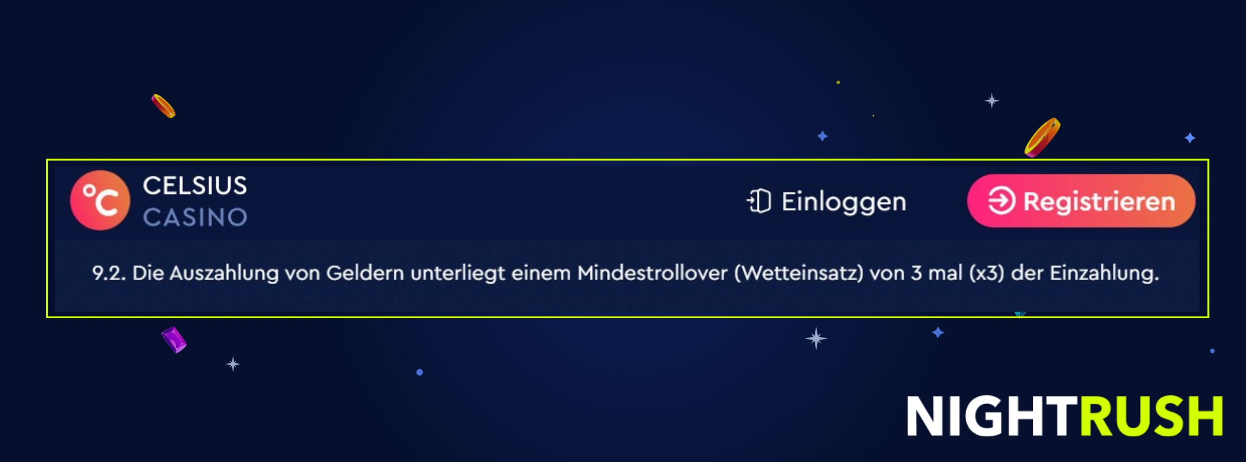 Eine Infobox zeigt Abschnitt 9.2 bei Celsius Casino.