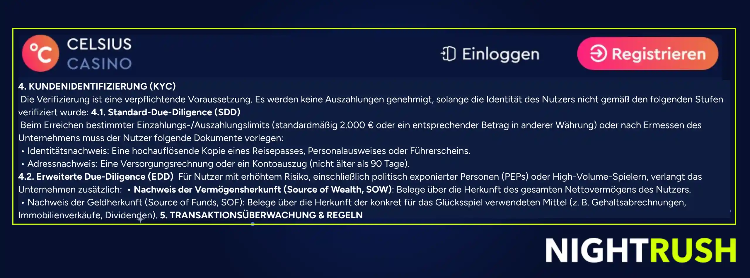 Eine Infobox zeigt Abschnitt 4 bei Celsius Casino