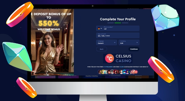 Ein Laptop zeigt das Formular „Vervollständige dein Profil“ von Celsius Casino.