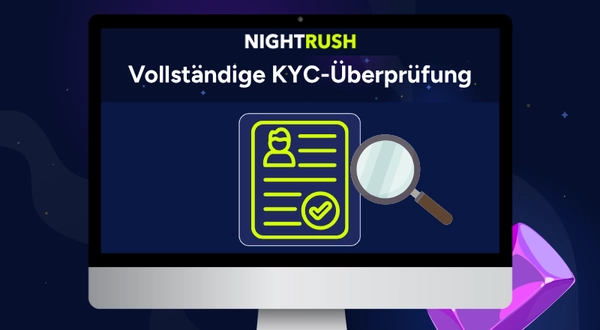 NightRush Grafik: KYC abschließen mit einem Personalausweis-Symbol, Pokerchip und Herz-Ass.