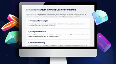 Bildschirm zeigt Website Bonusbedingungen in Online Casinos mit Infos zu Umsatz, Gültigkeit und Einzahlung.
