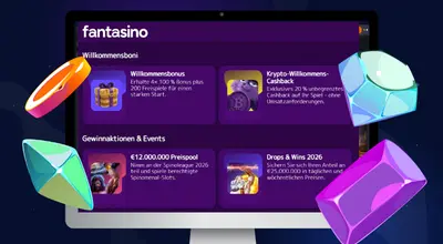 Der Laptop zeigt die Willkommensboni von Fantasino Casino.