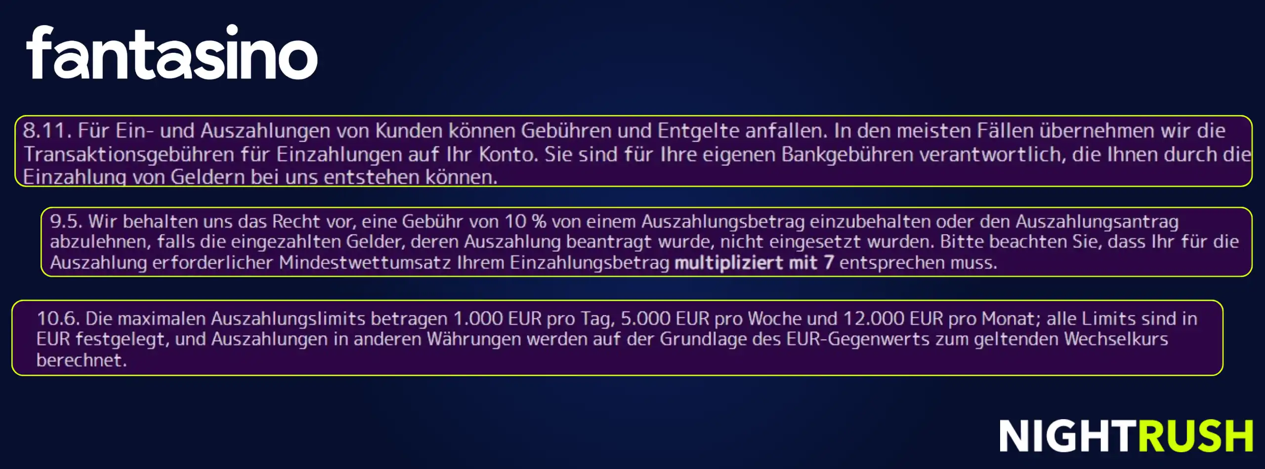 Fantasino-Banner mit Informationen zu Auszahlungsgebühren, Umsatzbedingungen und Limits vor einem Weltraum-Hintergrund.