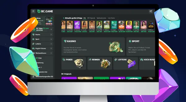 Auf dem Laptop ist die Startseite des BC.Game Casinos zu sehen, der Cursor zeigt auf den Registrieren-Button.