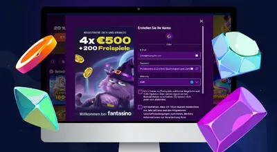 Der Laptop zeigt das Anmeldeformular auf der Fantasino Casino Website.