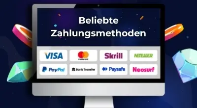 Computerbildschirm zeigt beliebte Online-Zahlungsmethoden wie Visa, Mastercard, Skrill, Neteller, PayPal, Bank, Paysafe.