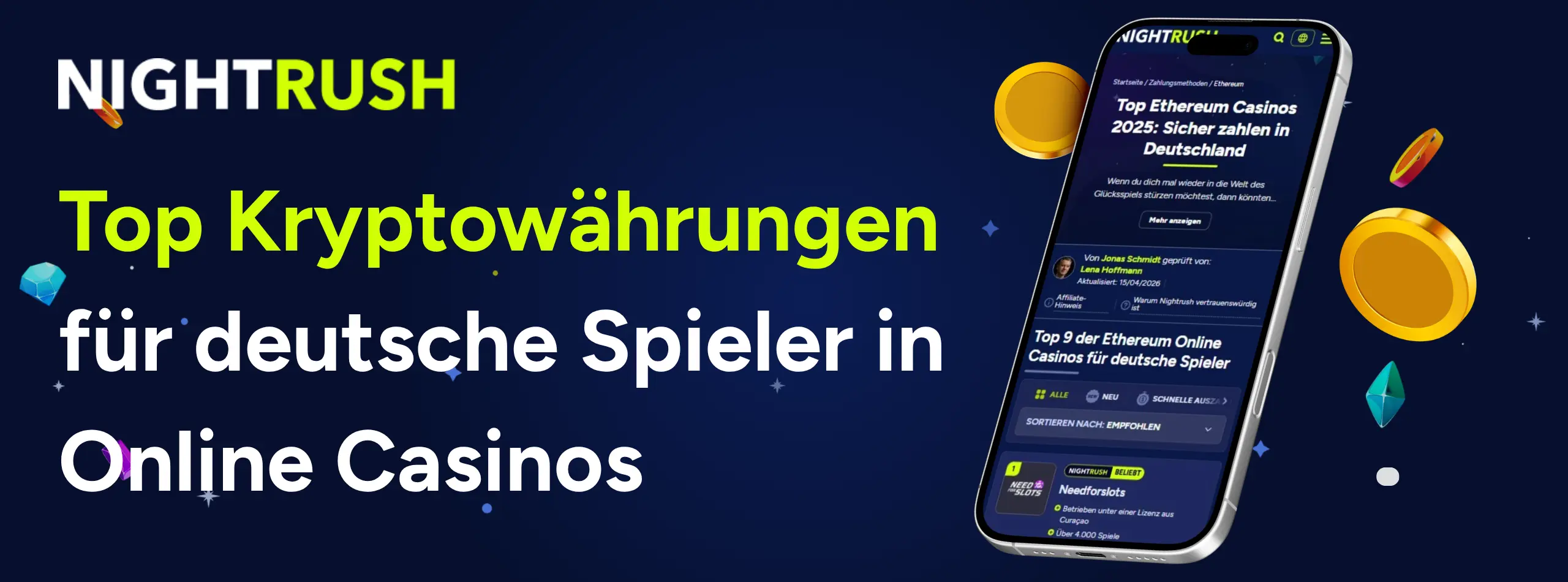 Nightrush Banner mit dem Text: Top Kryptowährungen für deutsche Spieler in Online Casinos