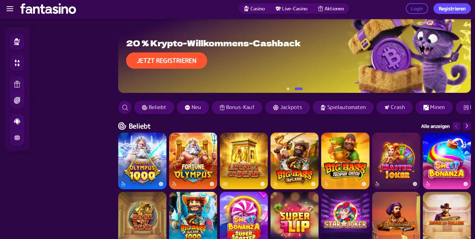 Screenshot der Startseite von Fantasino Casino