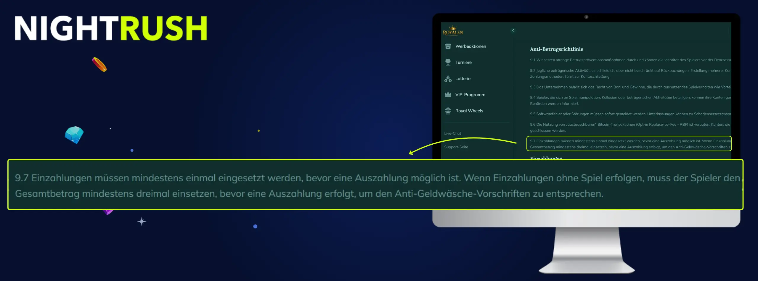 AML-Regel: Einzahlungen müssen mindestens 1x, oder 3x wenn kein Spiel stattgefunden hat, umgesetzt werden, bevor eine Auszahlung möglich ist.