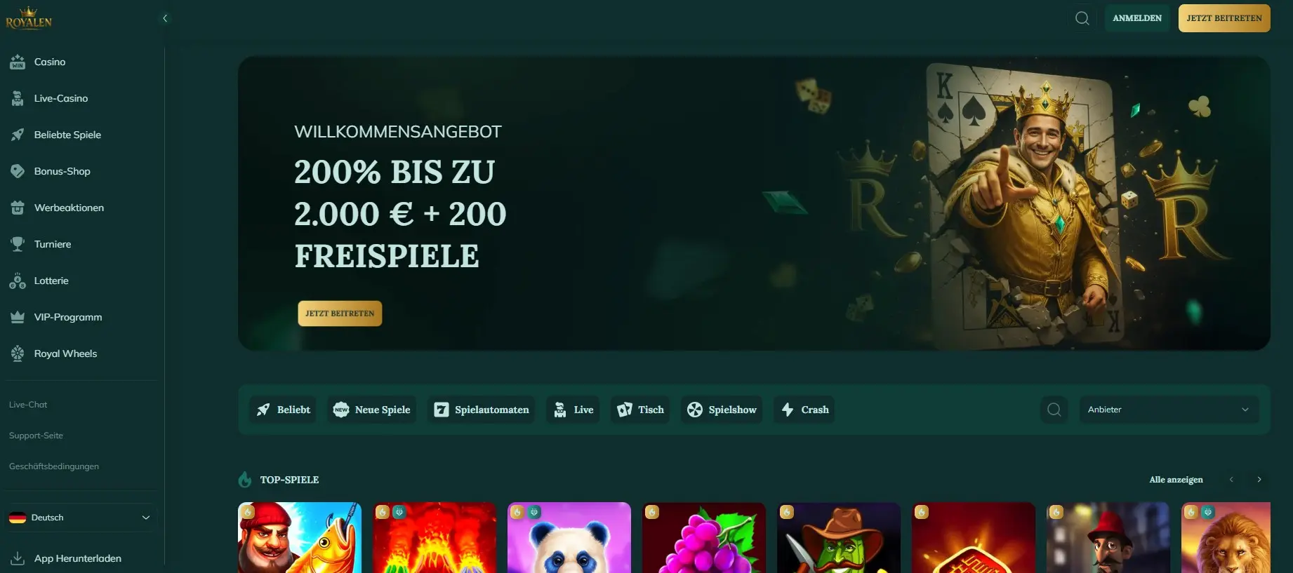 Startseite von Royalen Casino mit Willkommensbonus