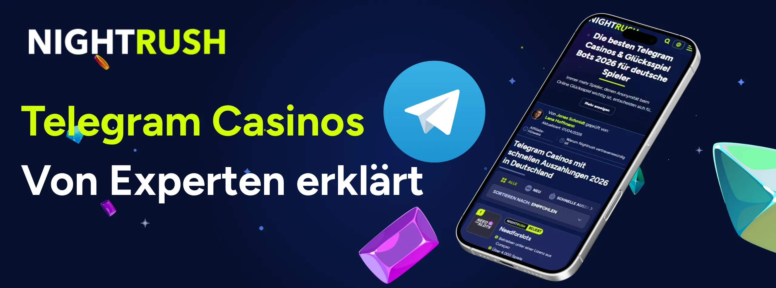 Ein Smartphone zeigt einen Telegram Casino Ratgeber mit dem Titel Telegram Casinos von Experten erklärt.