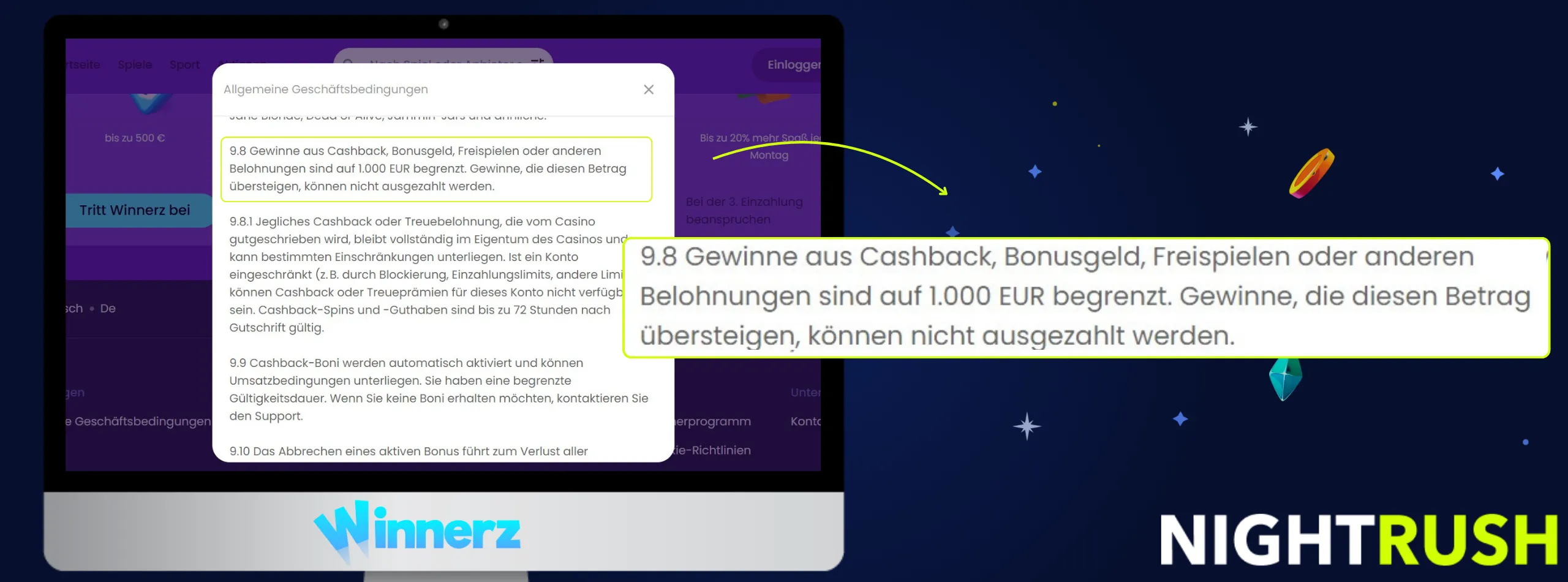 Winnerz Casino Auszahlungsbedingungen mit Punkt 9.8.