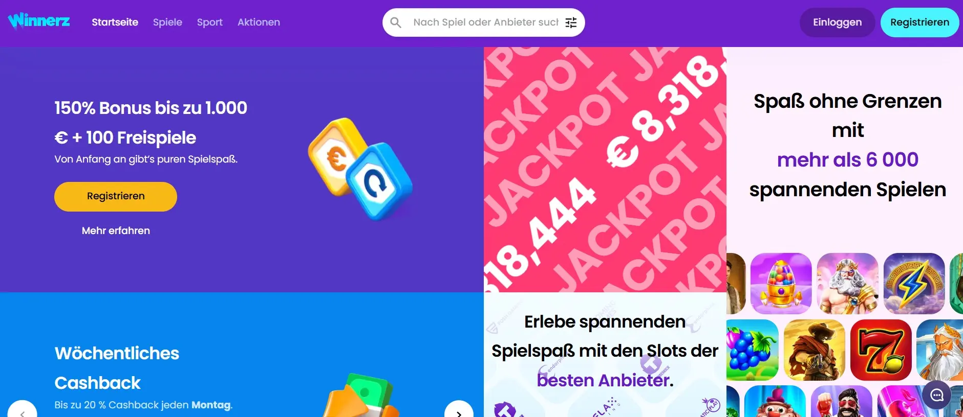 Winnerz Casino Homepage mit Willkommensbonus