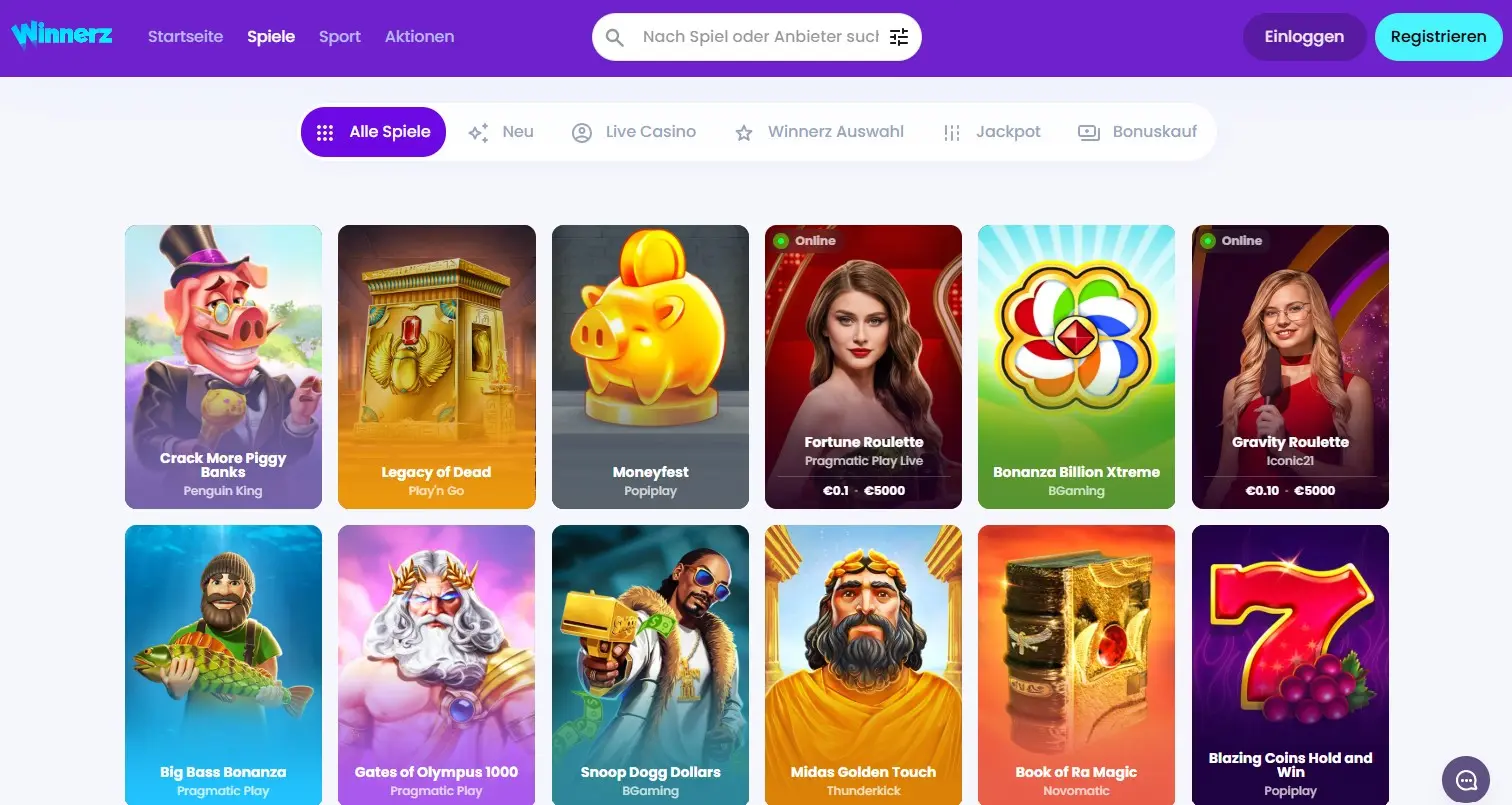 Winnerz Casino Auswahl an Spielautomaten