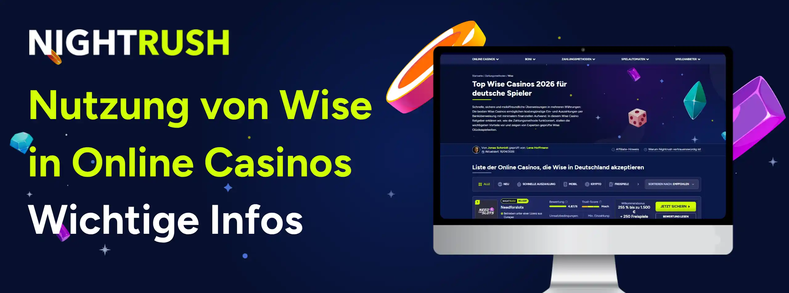 Nightrush Banner mit dem Text: Wise Casino Ein- und Auszahlungen, häufige Probleme und Lösungen