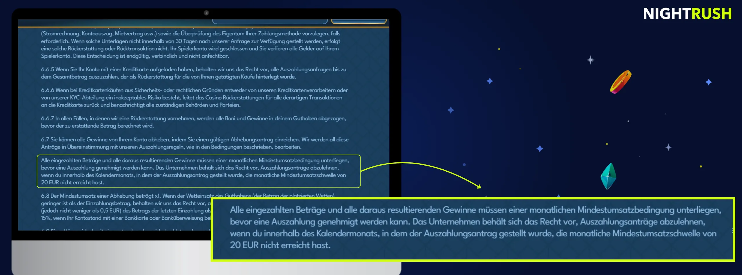 Ein Laptop zeigt die Allgemeinen Geschäftsbedingungen mit einem hervorgehobenen Hinweisfeld zu den Umsatzregeln