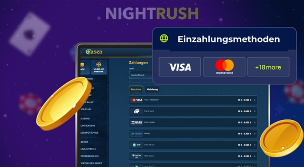 Ein Laptop zeigt die Einzahlungsseite von Casea Casino mit verschiedenen verfügbaren Zahlungsmöglichkeiten.