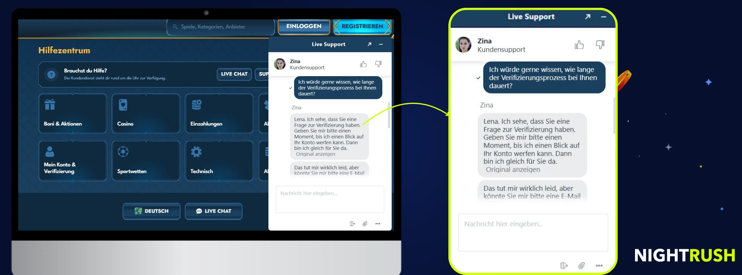 Ein Laptop zeigt eine Casino-Webseite mit einem hervorgehobenen Live-Chat-Fenster für den Kundensupport.
