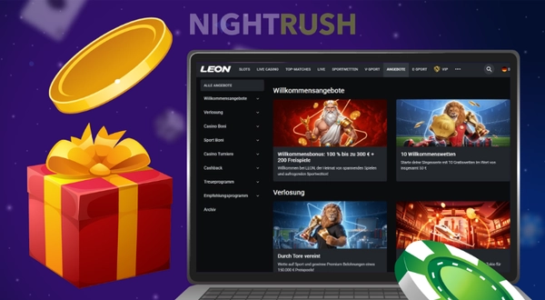 Laptop mit angezeigten Leon Casino Boni und Aktionen neben einer großen roten Geschenkbox.