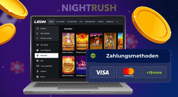 Laptop mit Leon Casino Spielen und einem Pop-up-Fenster für Einzahlungsmethoden mit Visa und Mastercard.