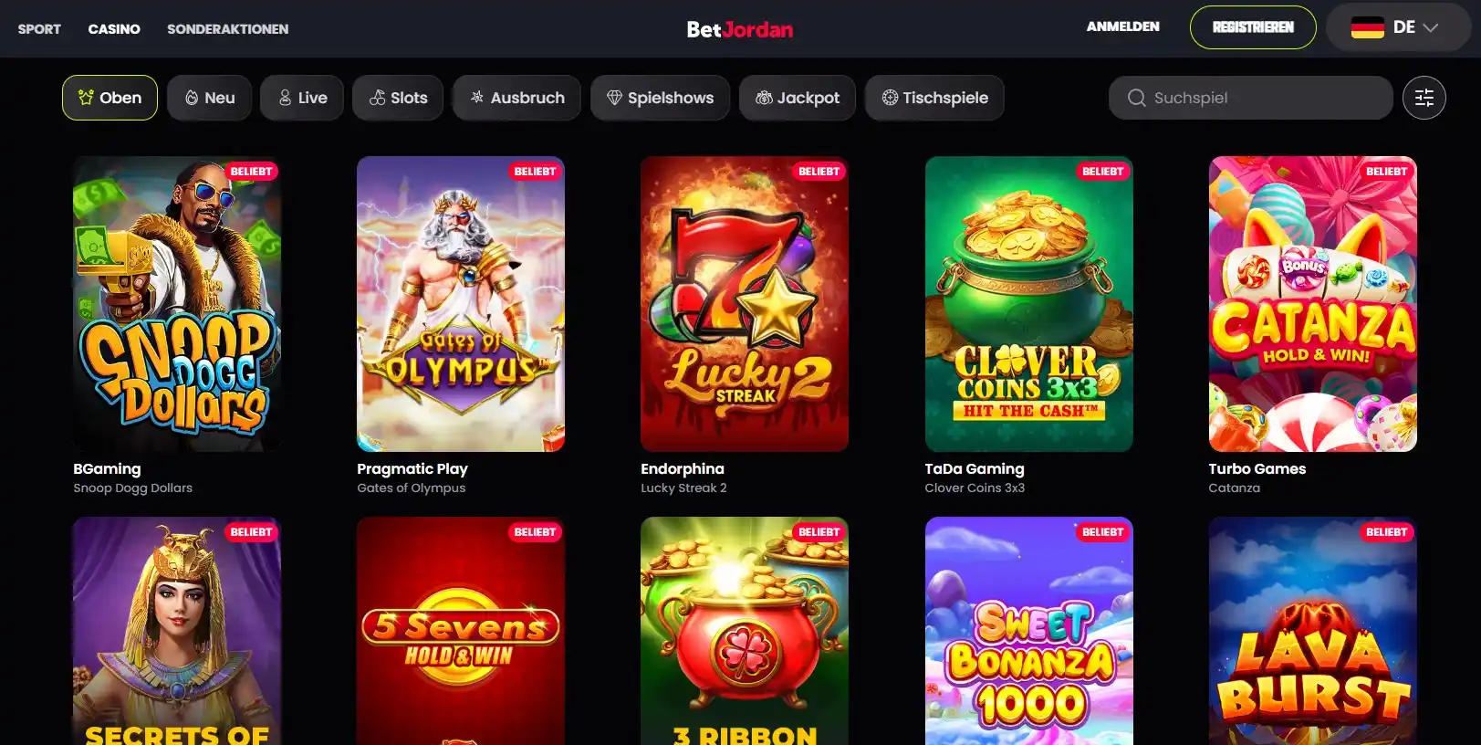 Spielauswahl im BetJordan Casino.
