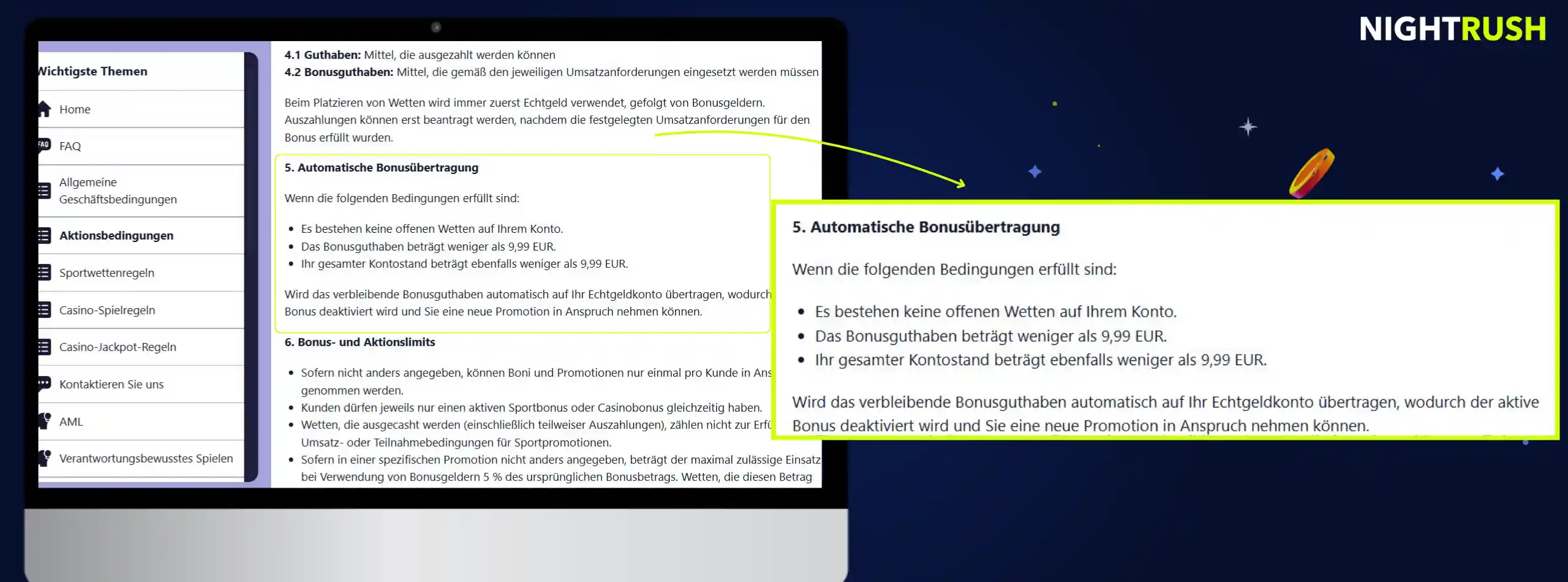 Laptop-Bildschirm mit angezeigten Aktionsbedingungen, wobei die Regel für automatische Bonusübertragungen hervorgehoben ist.
