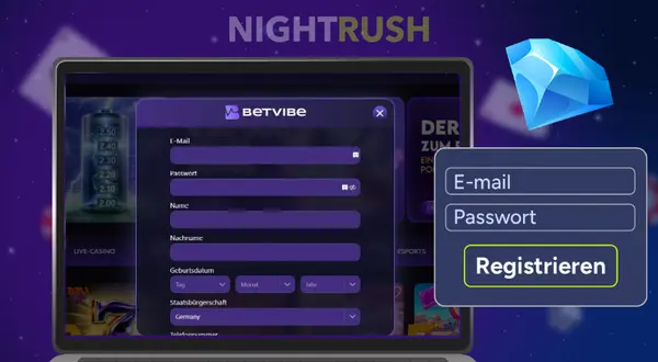 Laptop-Bildschirm mit einem Betvibe-Registrierungsformular, das persönliche Angaben verlangt.