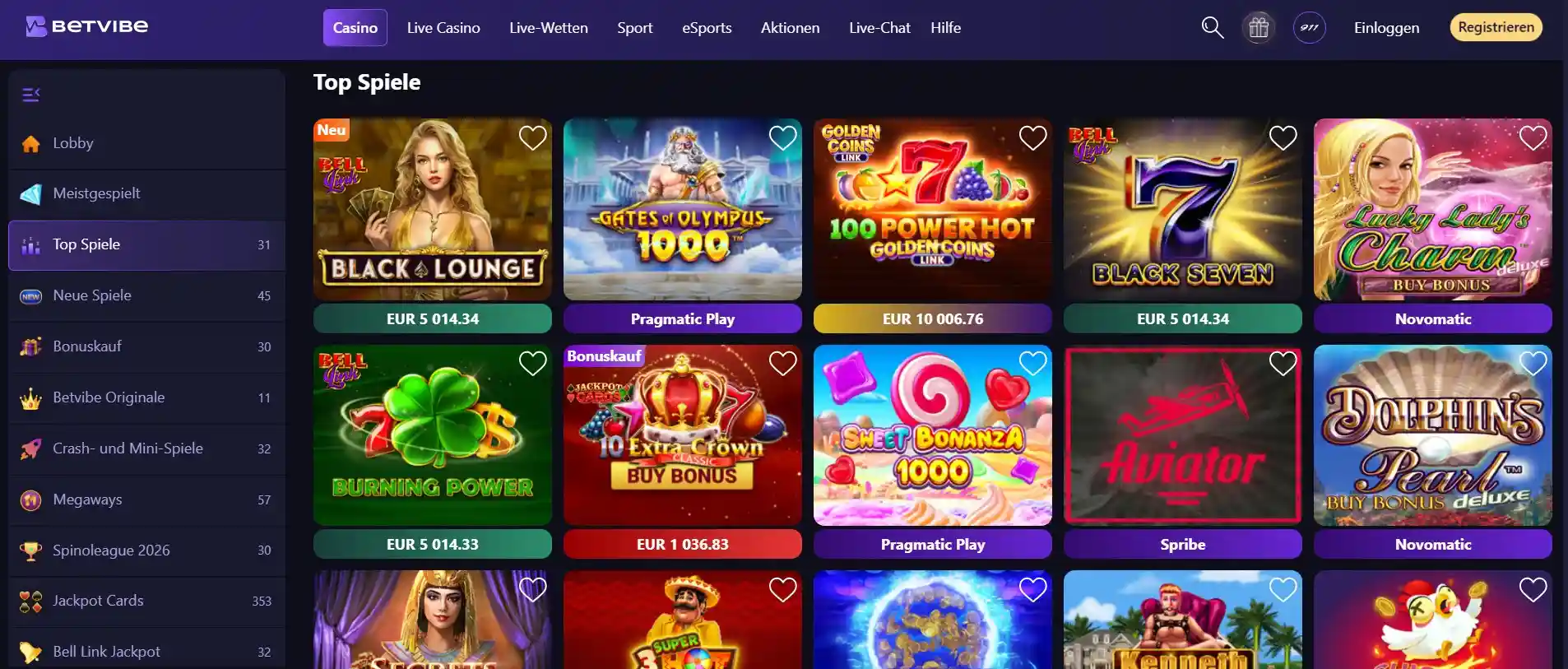 Spielauswahl im Betvibe Casino.