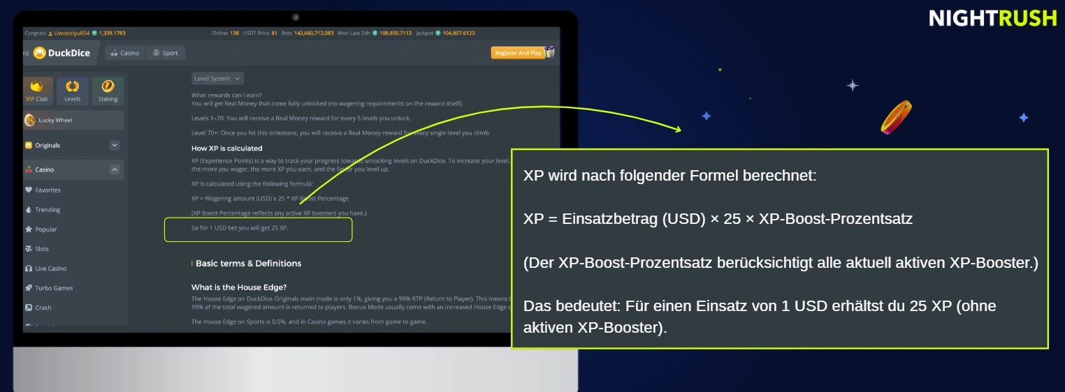 Laptop-Bildschirm mit der DuckDice Plattform, auf dem der Text und die Formel zur Berechnung der Erfahrungspunkte (XP) für Nutzer hervorgehoben werden.
