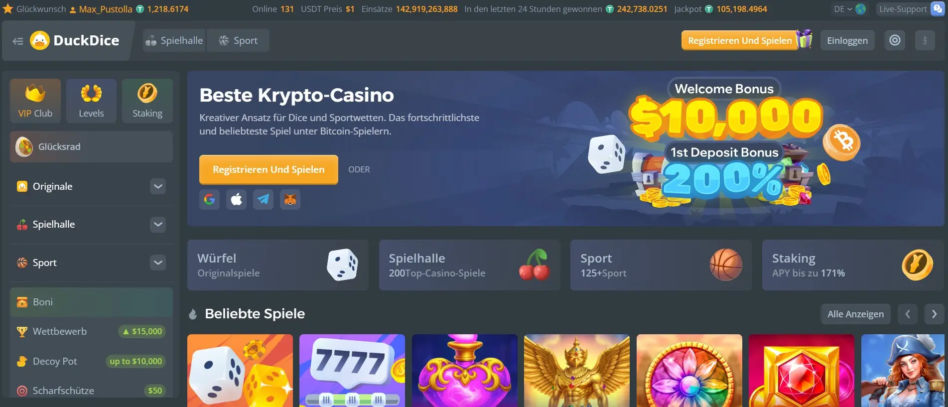 Startseite des DuckDice Casinos.