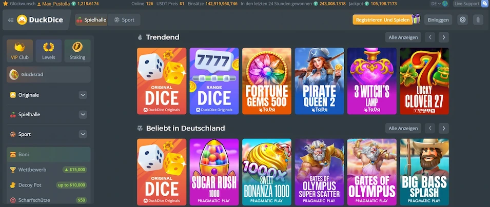 Spielauswahl bei DuckDice Casino.