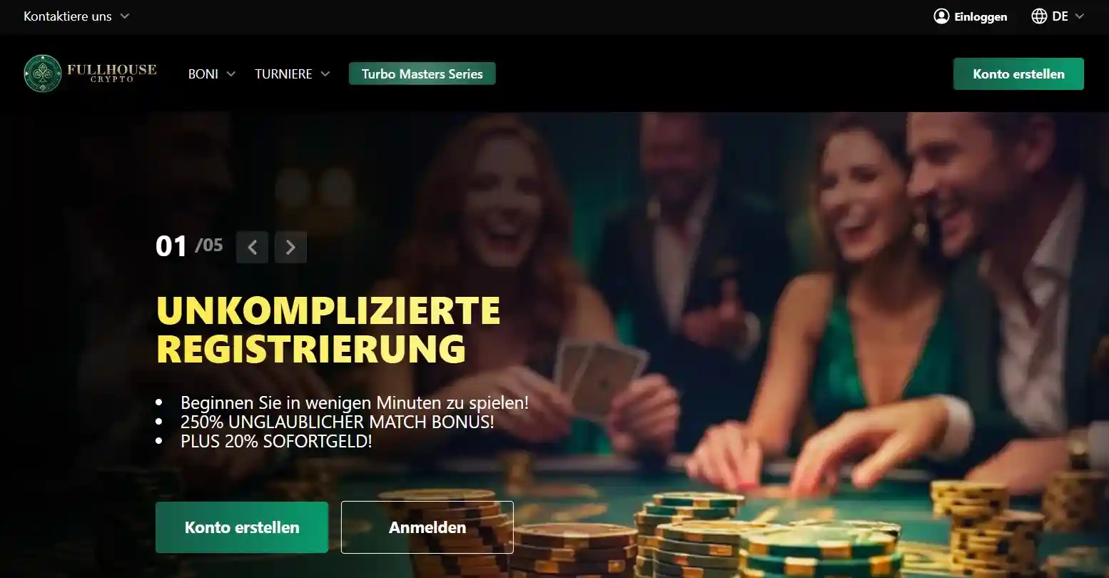 Startseite von FullHouseCrypto Casino.