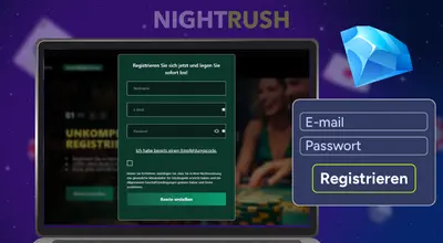 Ein Laptop zeigt ein Casino-Registrierungsfeld mit Diamant an der Seite.