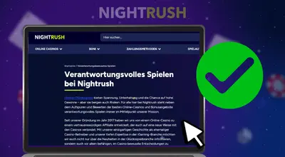 Laptop-Bildschirm mit einer Seite zur verantwortungsbewussten Spielweise und einem grünen Häckchen-Symbol.