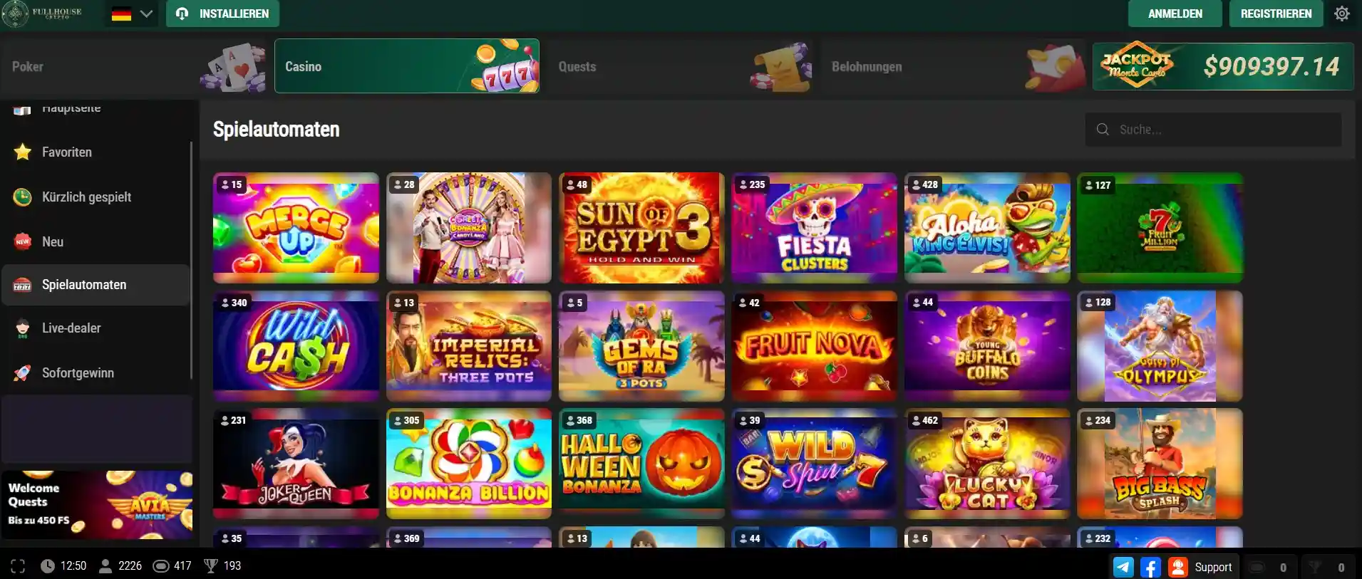 Spielauswahl bei FullHouseCrypto Casino.