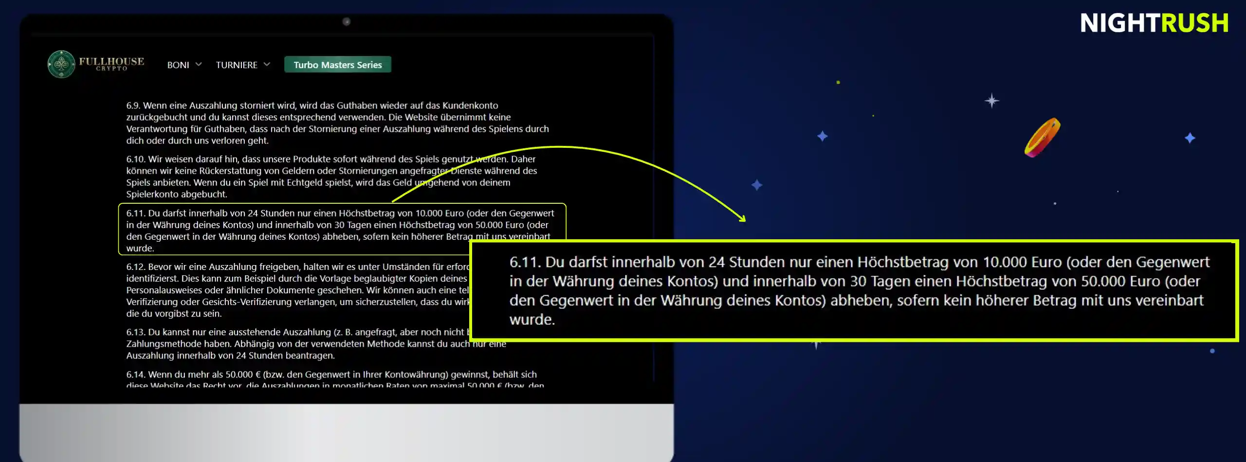 Laptop-Bildschirm mit einer Casino-Auszahlungsrichtlinie, bei der bestimmte Limits hervorgehoben sind.
