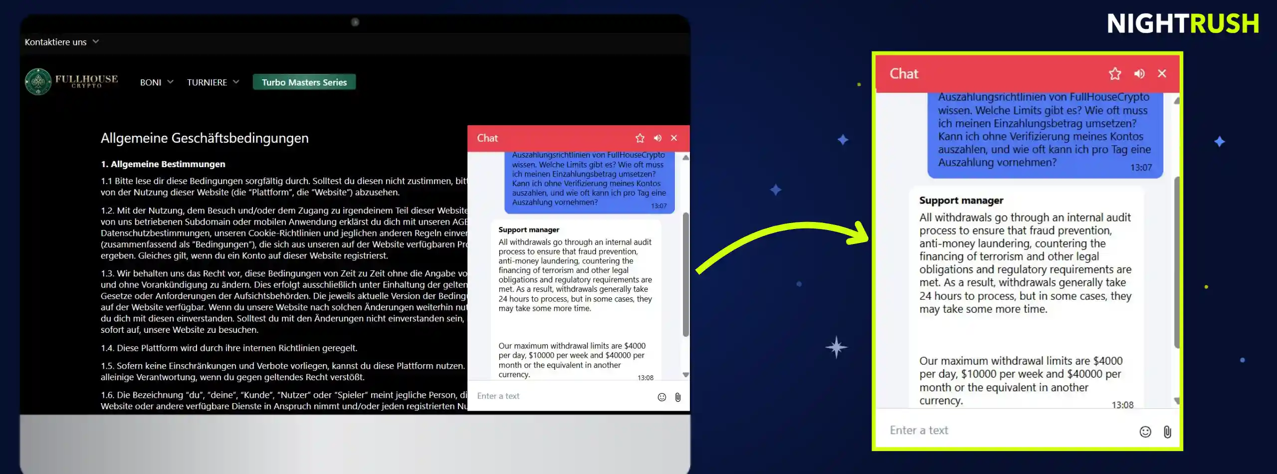 Live-Chat mit dem FullHouseCrypto Casino.