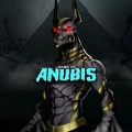 Mythologische schakalähnliche Figur mit leuchtend roten Augen unter dem Titel Hand of Anubis.