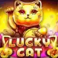 Eine winkende goldene japanische Glückskatze vor dem Spieltitel Lucky Cat.